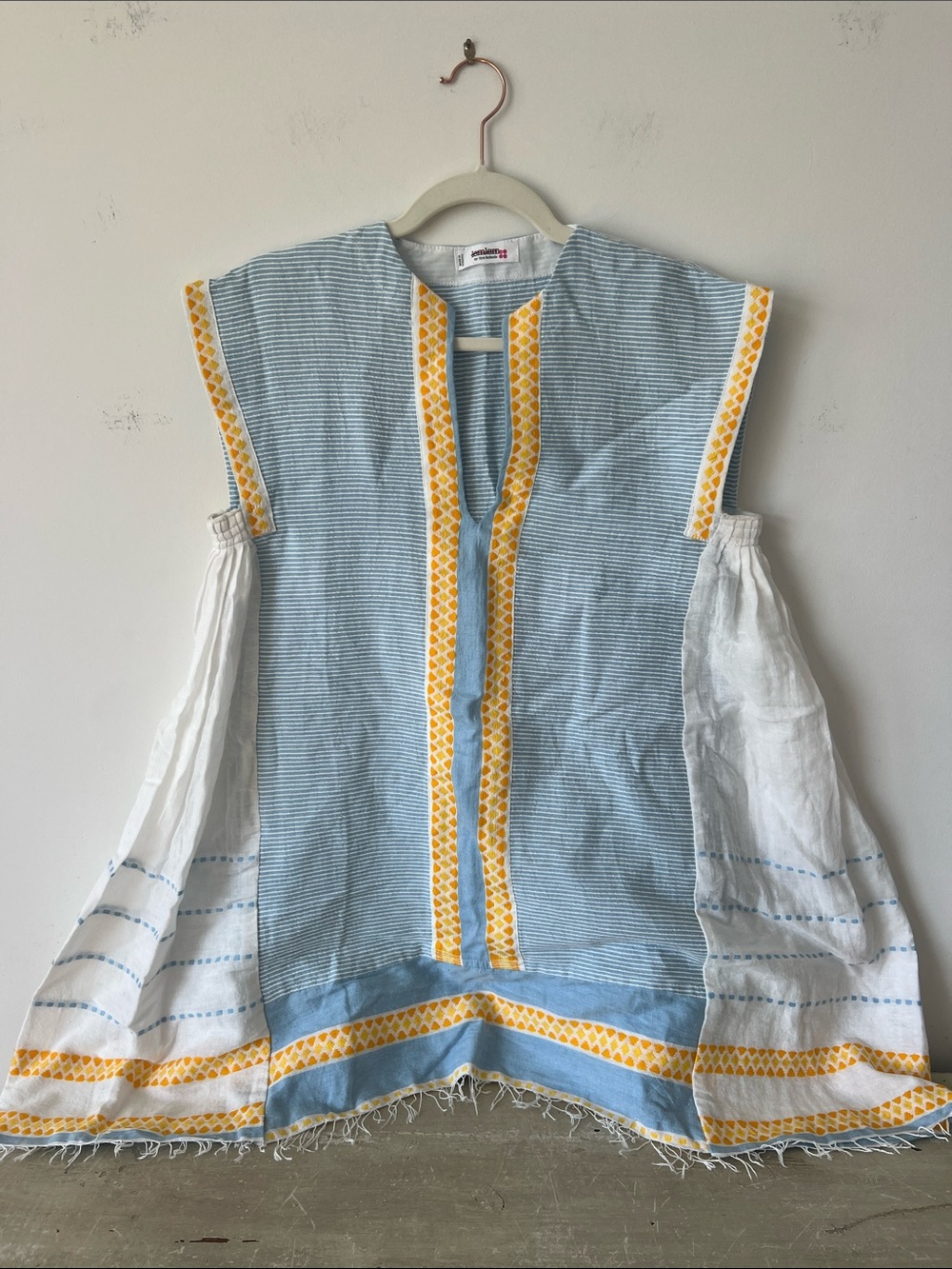 Lemlem Jamari Caftan Blue, White and Orange Handwoven Tunic Cover Up Size S